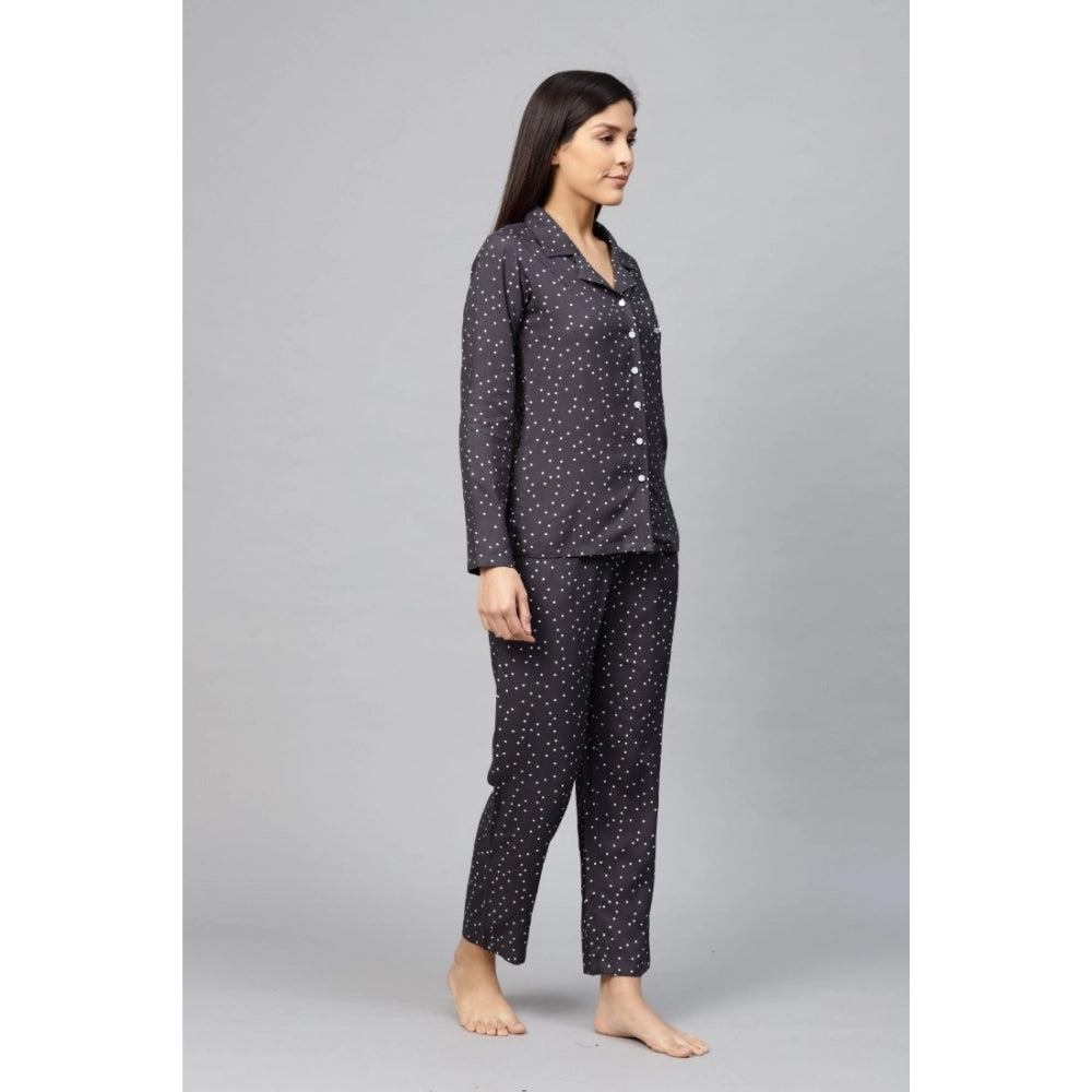 Casual Full Sleeves Polka Dot Printed Rayon Shirt With Pyjama Pant Night Suit Set (Grey)