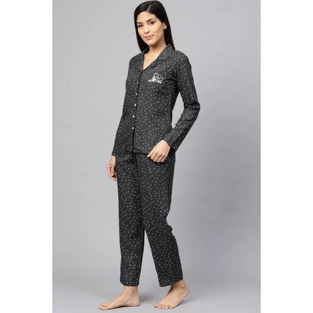 Casual Full Sleeves Polka Dot Printed Rayon Shirt With Pyjama Pant Night Suit Set (Grey)