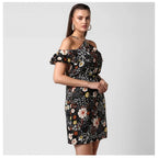 Women's Polyester Floral Cold Shoulder Above Knee Dress (Black)