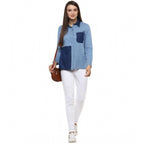 Denim Patch Work Long Sleeves Regular Top (Blue)