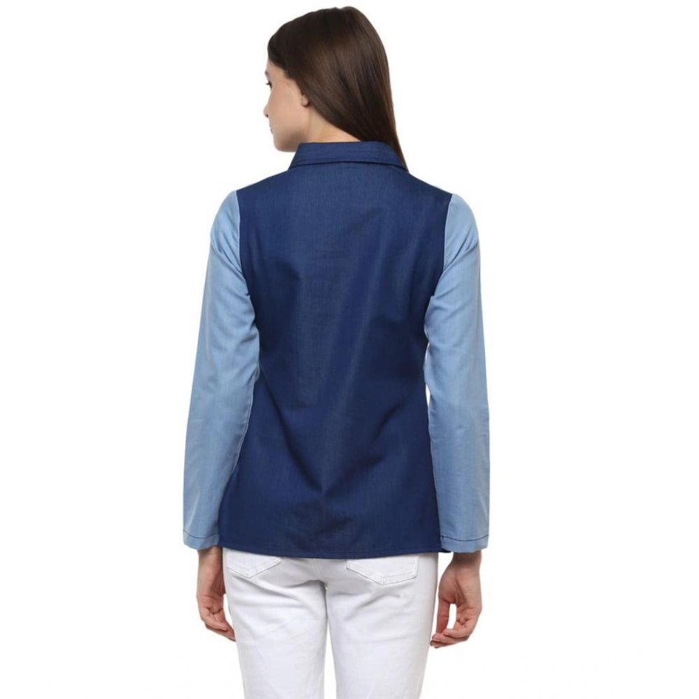 Denim Patch Work Long Sleeves Regular Top (Blue)