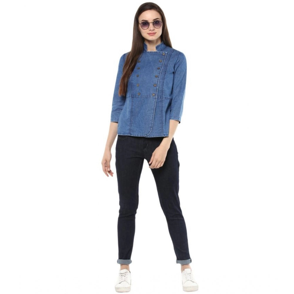 Denim Solid 3-4th Sleeves Regular Top (Blue)