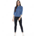 Denim Solid 3-4th Sleeves Regular Top (Blue)