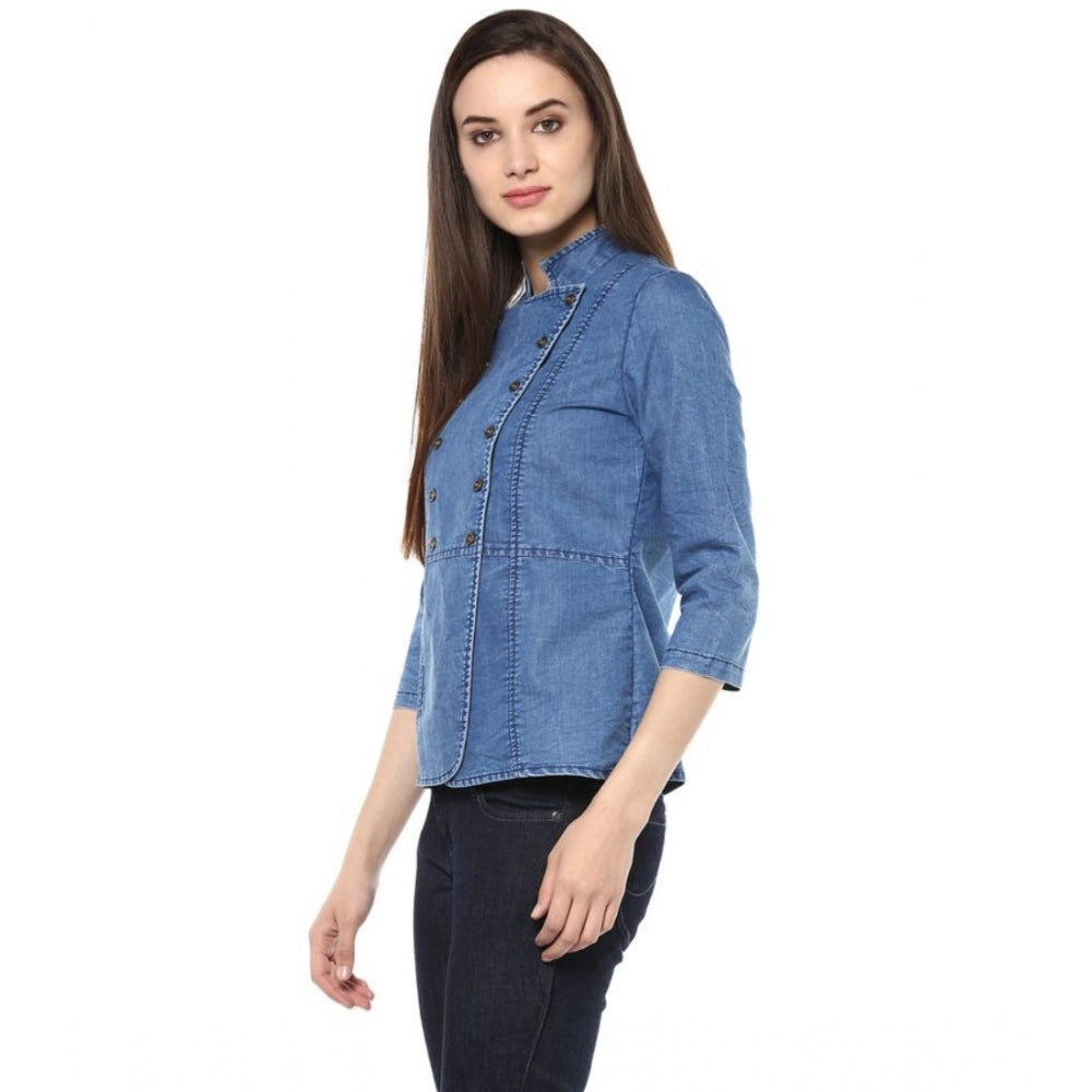 Denim Solid 3-4th Sleeves Regular Top (Blue)