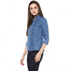 Denim Solid 3-4th Sleeves Regular Top (Blue)
