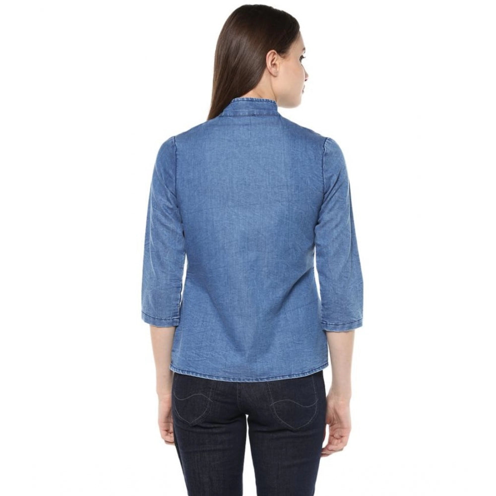 Denim Solid 3-4th Sleeves Regular Top (Blue)