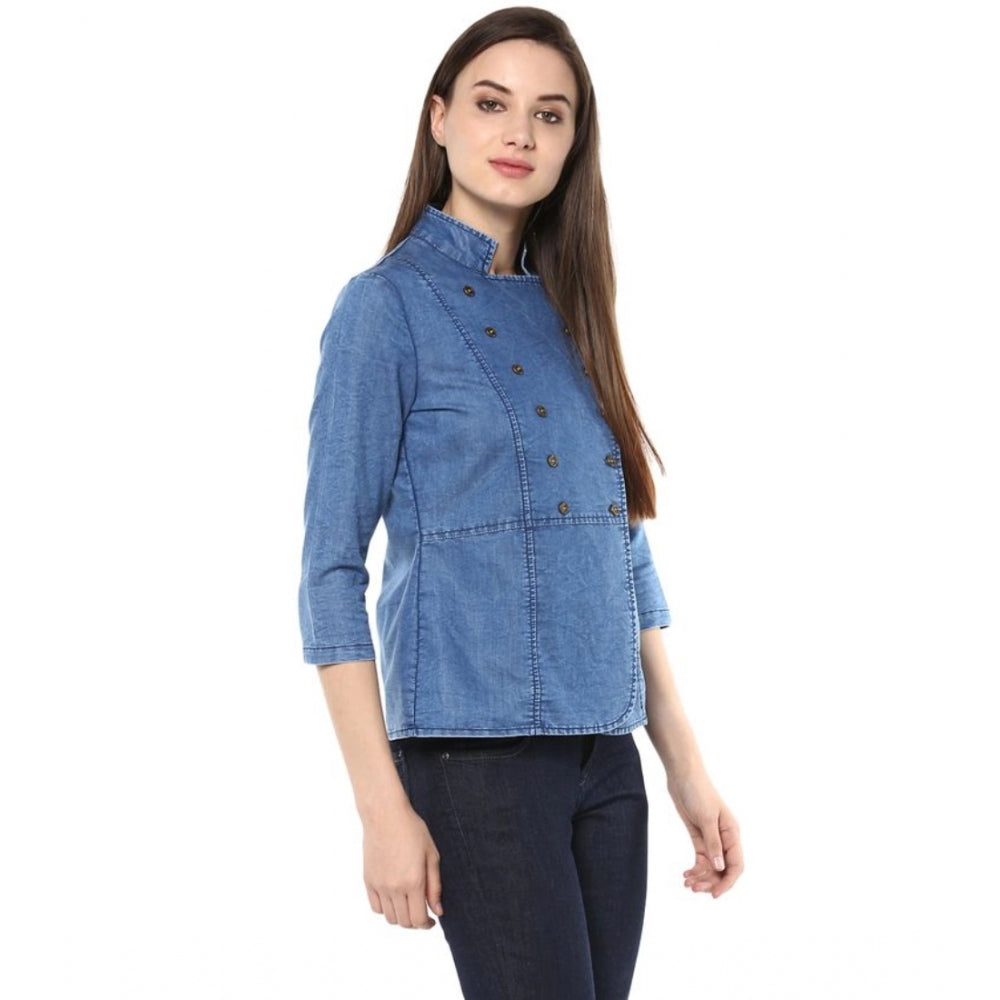 Denim Solid 3-4th Sleeves Regular Top (Blue)