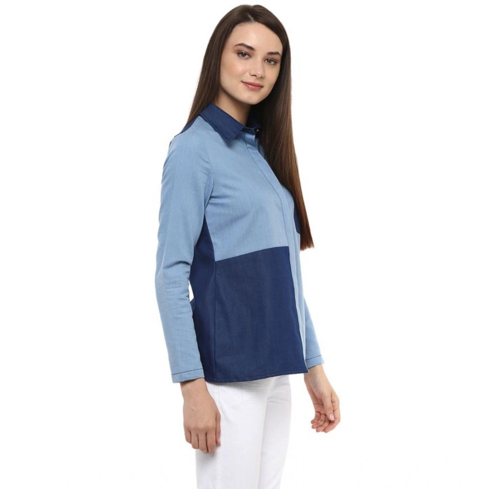 Denim Patch Work Long Sleeves Regular Top (Blue)
