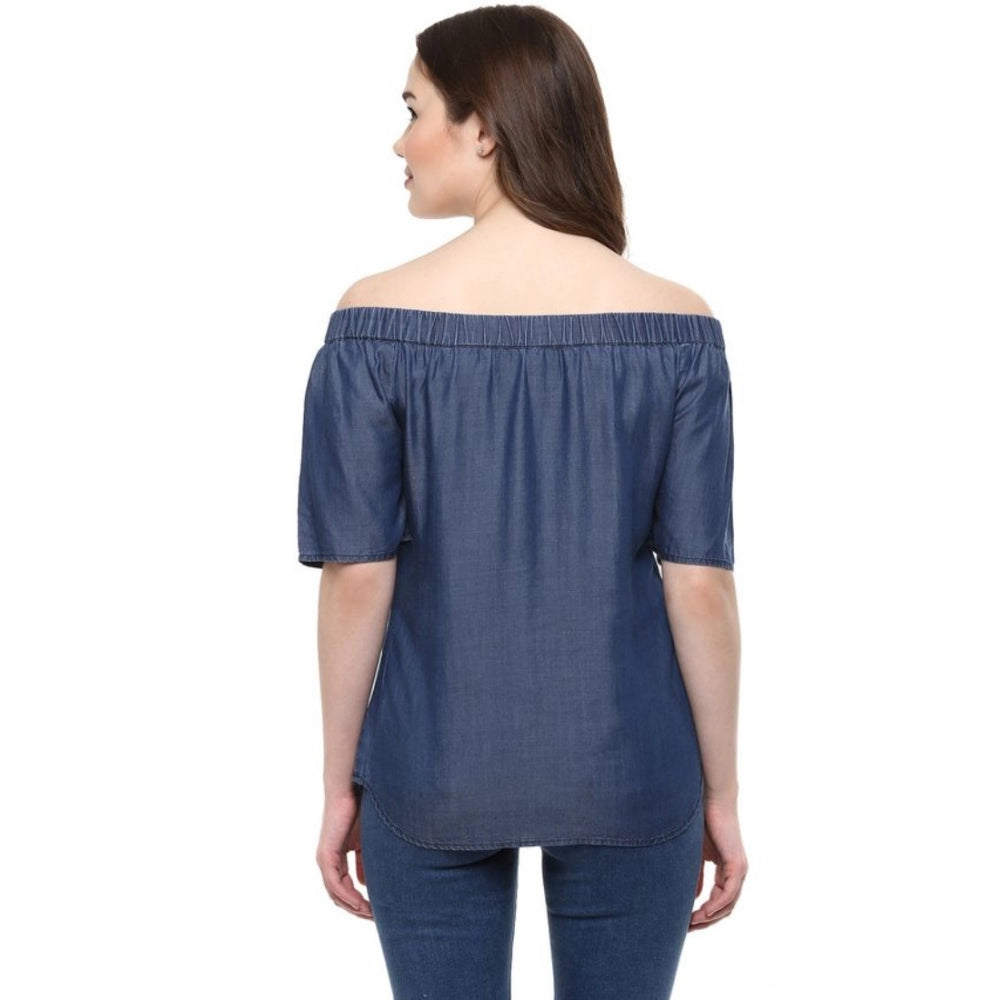 Denim Solid Short Sleeve Regular Top (Blue)