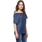 Denim Solid Short Sleeve Regular Top (Blue)