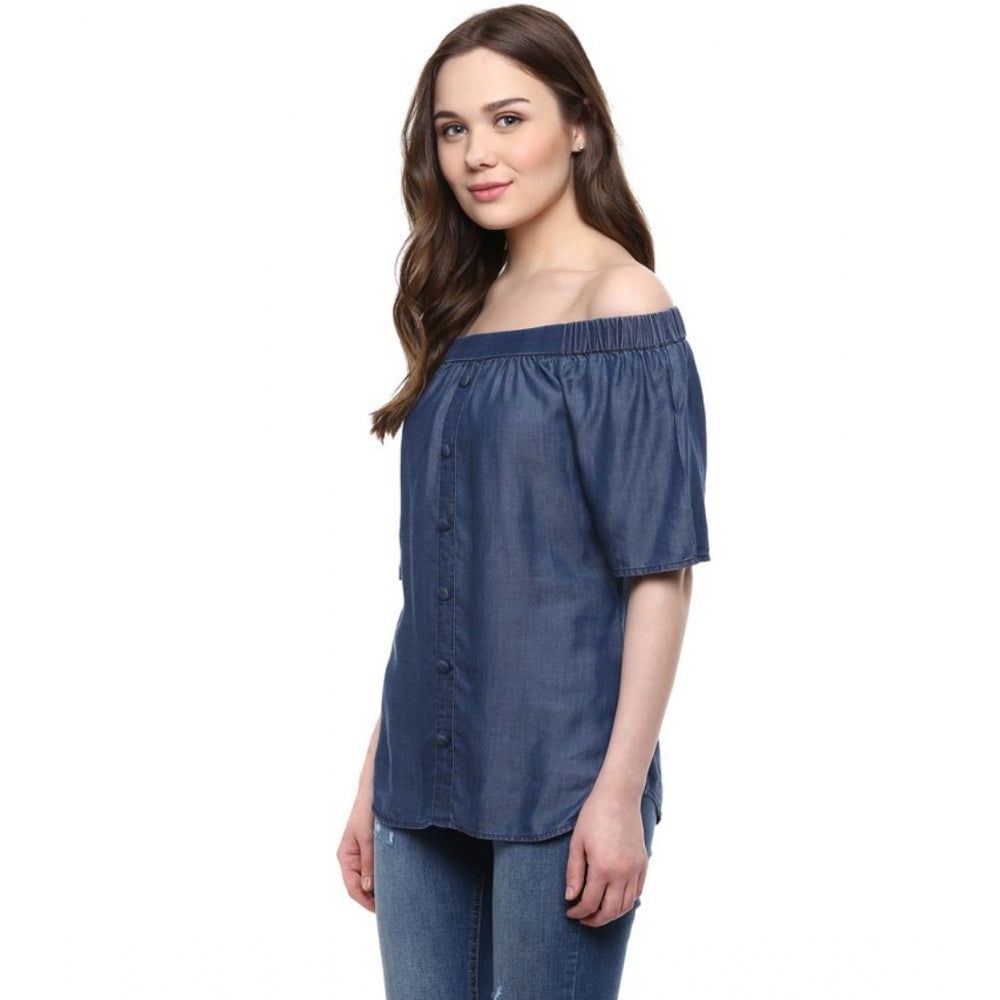 Denim Solid Short Sleeve Regular Top (Blue)