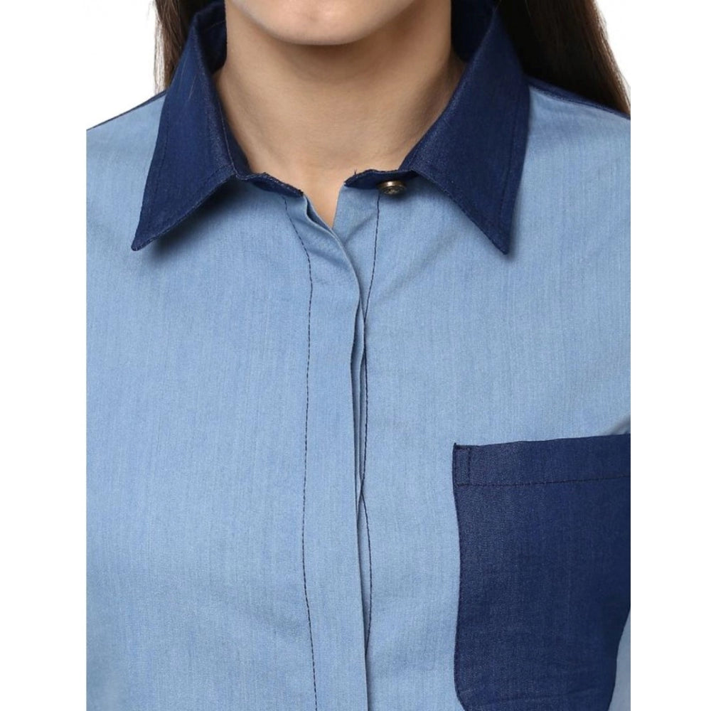 Denim Patch Work Long Sleeves Regular Top (Blue)