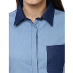 Denim Patch Work Long Sleeves Regular Top (Blue)