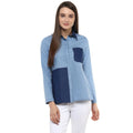 Denim Patch Work Long Sleeves Regular Top (Blue)