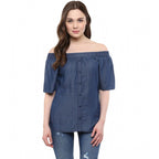 Denim Solid Short Sleeve Regular Top (Blue)