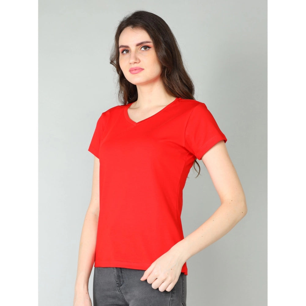 Women's Cotton Blended Solid Sweetheart Half Sleeve T-Shirt (Red)