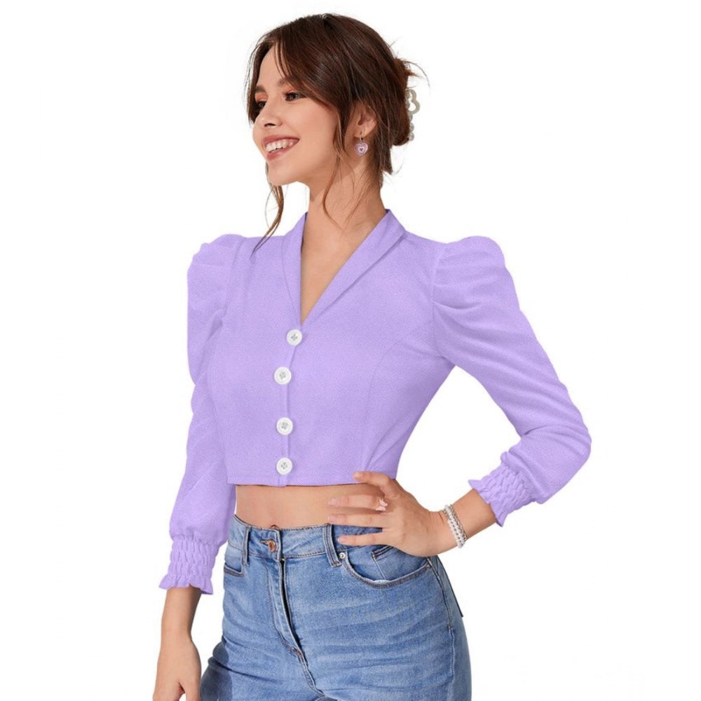 Solid Puff Sleeves Lapel Collar Top (Purple)