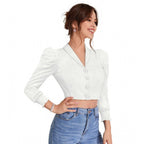 Solid Puff Sleeves Lapel Collar Top (White)