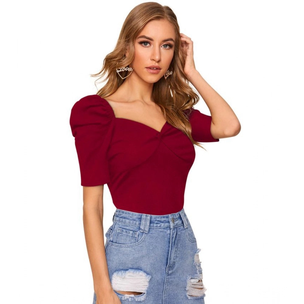 Solid Puff Short Sleeves Sweetheart Neck Top (Maroon)