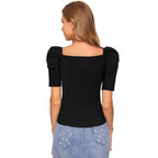 Solid Puff Short Sleeves Sweetheart Neck Top (Black)