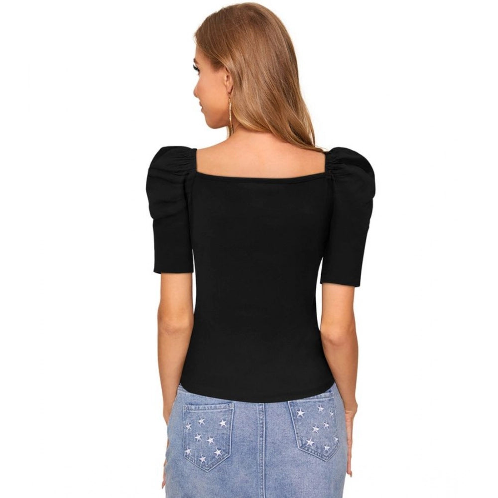 Solid Puff Short Sleeves Sweetheart Neck Top (Black)