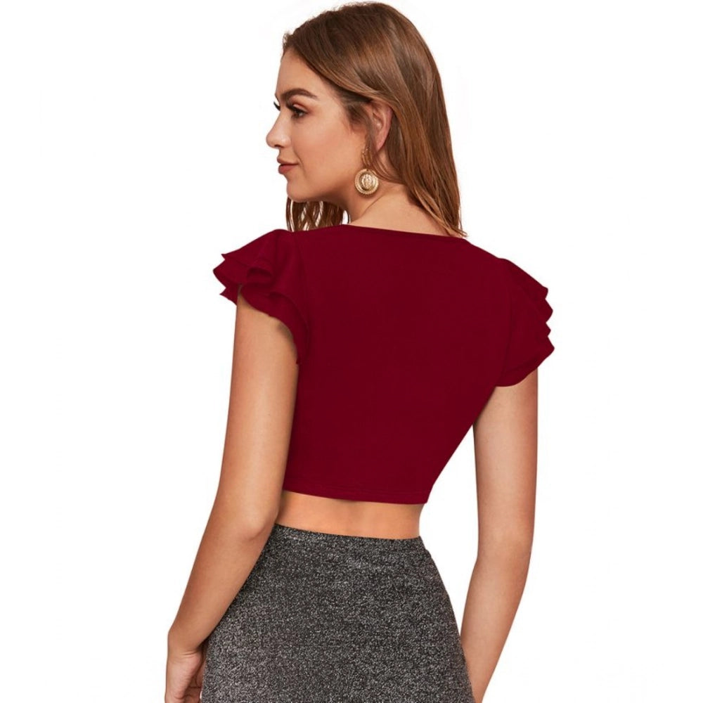 Solid Short Sleeves V Neck Top (Maroon)