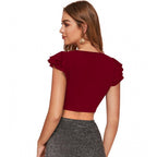 Solid Short Sleeves V Neck Top (Maroon)