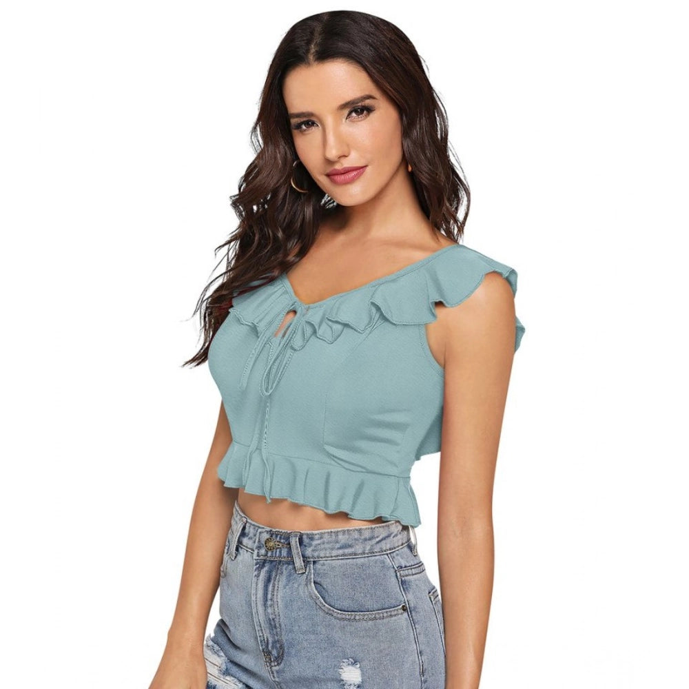Solid Sleeveless Ruffle Neck Top (Pista)