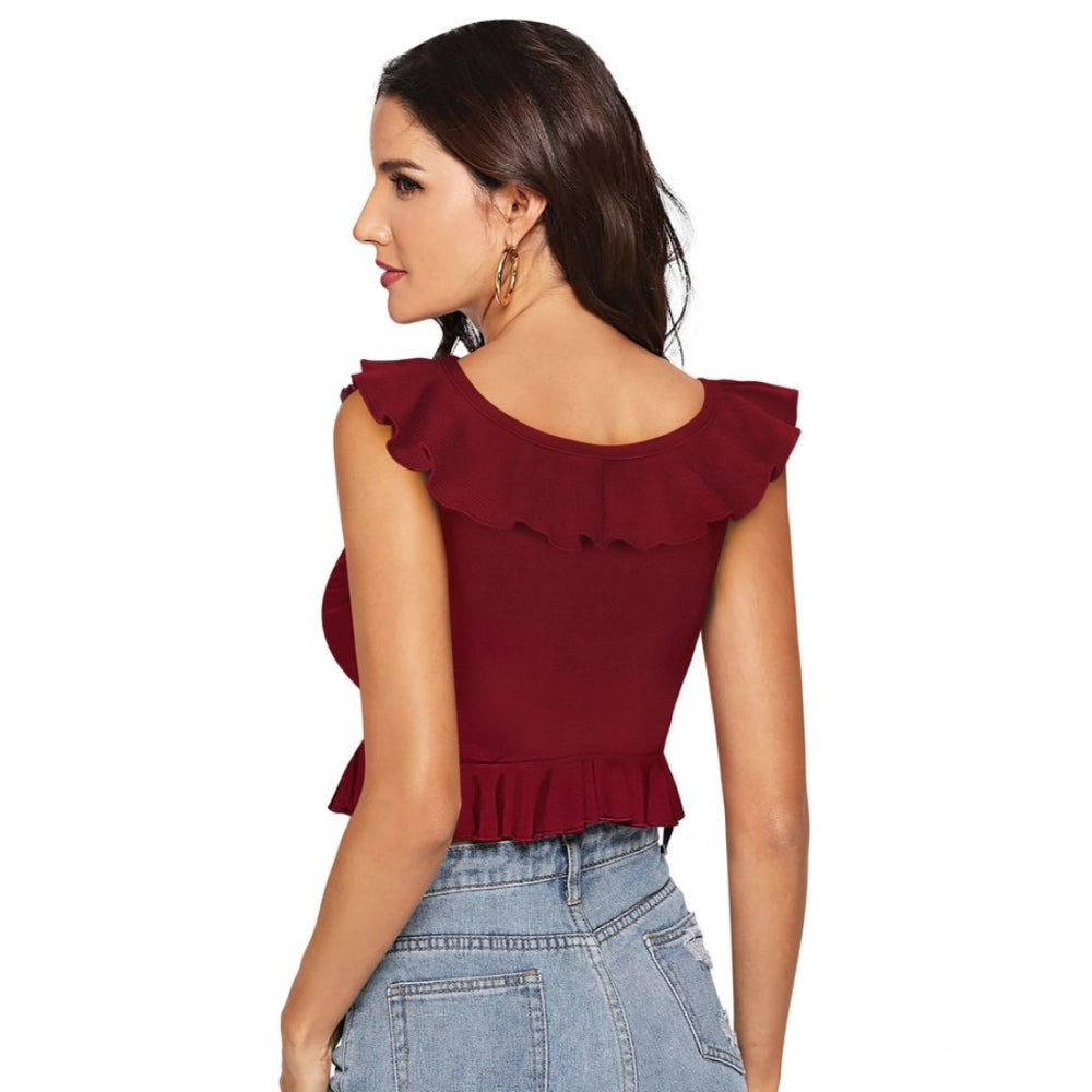 Solid Sleeveless Ruffle Neck Top (Maroon)
