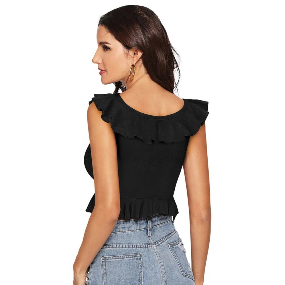 Solid Sleeveless Ruffle Neck Top (Black)