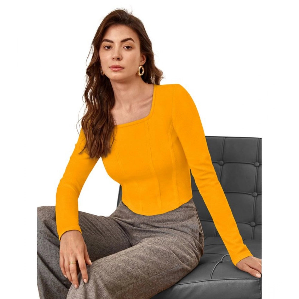Solid Full Sleeves Square Neck Top (Yellow)