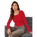 Solid Full Sleeves Square Neck Top (Red)