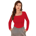 Solid Full Sleeves Square Neck Top (Red)