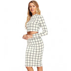 Checkered Full Sleeves Stand Collar Crop Top Skirt Set (White)