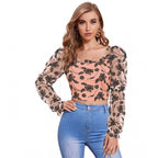 Solid Full Sleeves Square Collar Top (Peach)