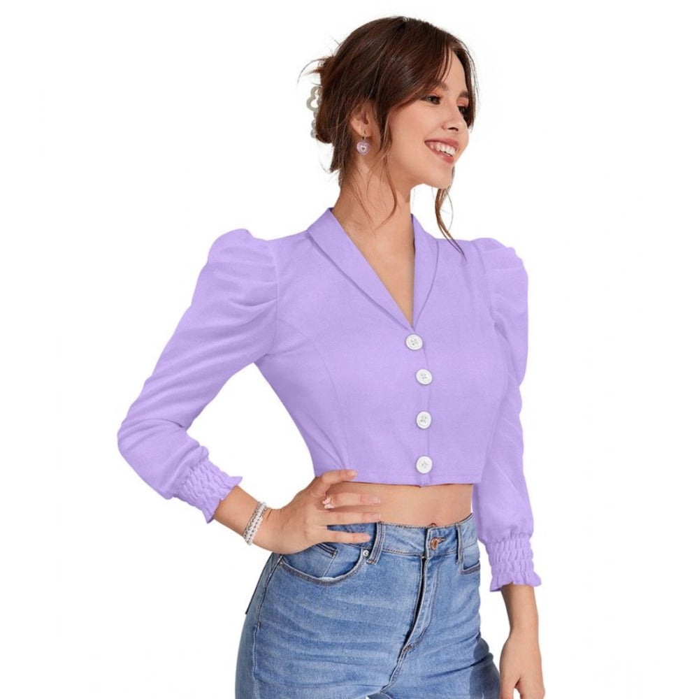 Solid Puff Sleeves Lapel Collar Top (Purple)