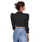 Solid Puff Sleeves Lapel Collar Top (Black)