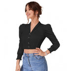 Solid Puff Sleeves Lapel Collar Top (Black)