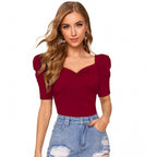 Solid Puff Short Sleeves Sweetheart Neck Top (Maroon)