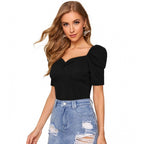 Solid Puff Short Sleeves Sweetheart Neck Top (Black)