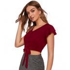 Solid Short Sleeves V Neck Top (Maroon)