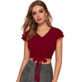 Solid Short Sleeves V Neck Top (Maroon)