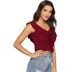 Solid Sleeveless Ruffle Neck Top (Maroon)