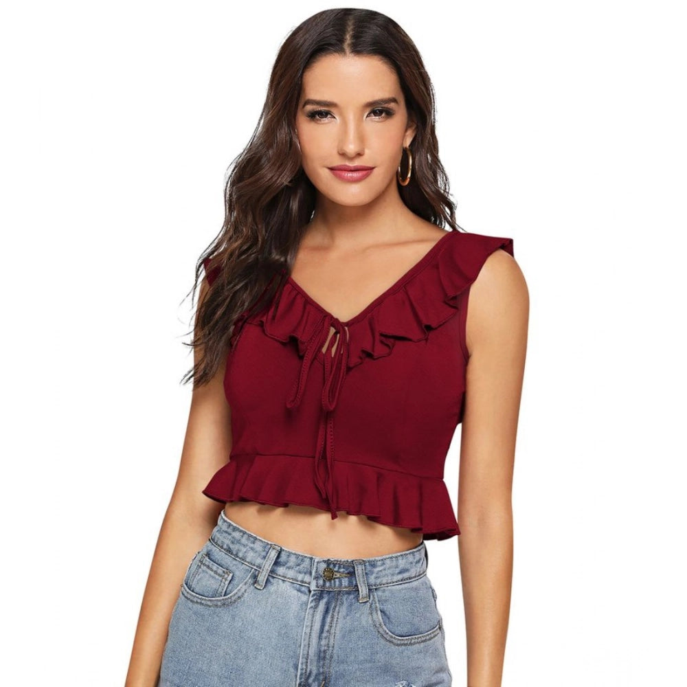 Solid Sleeveless Ruffle Neck Top (Maroon)