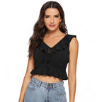 Solid Sleeveless Ruffle Neck Top (Black)