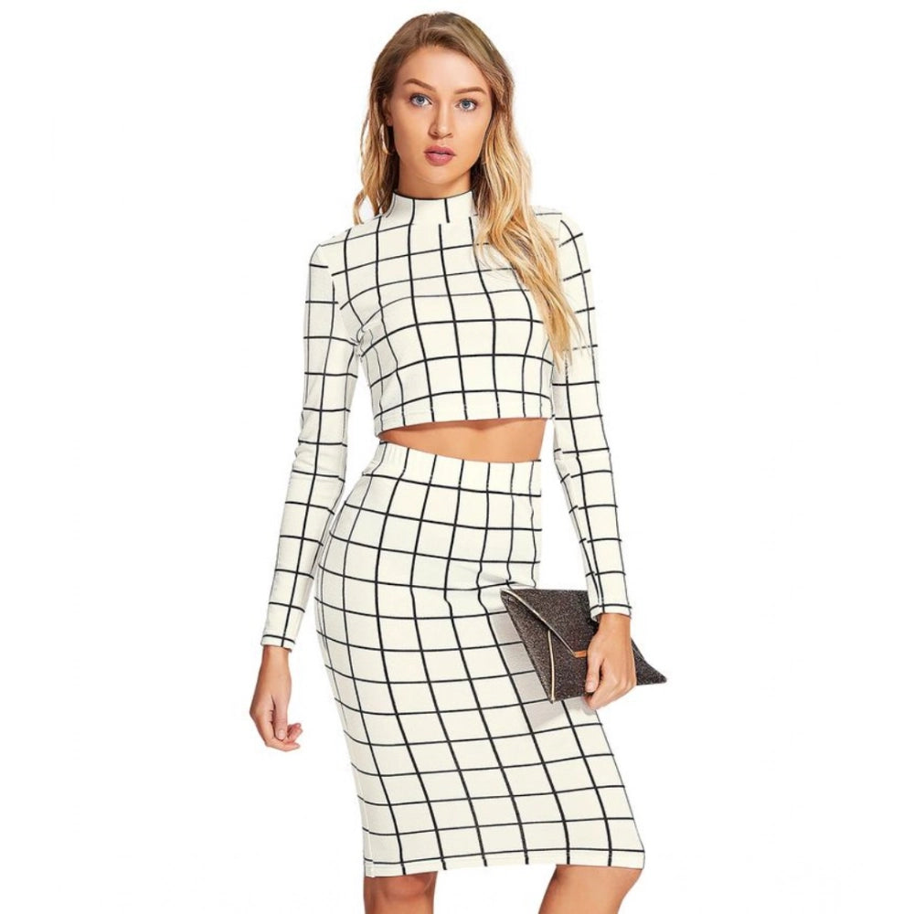 Checkered Full Sleeves Stand Collar Crop Top Skirt Set (White)