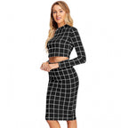 Checkered Full Sleeves Stand Collar Crop Top Skirt Set (Black)