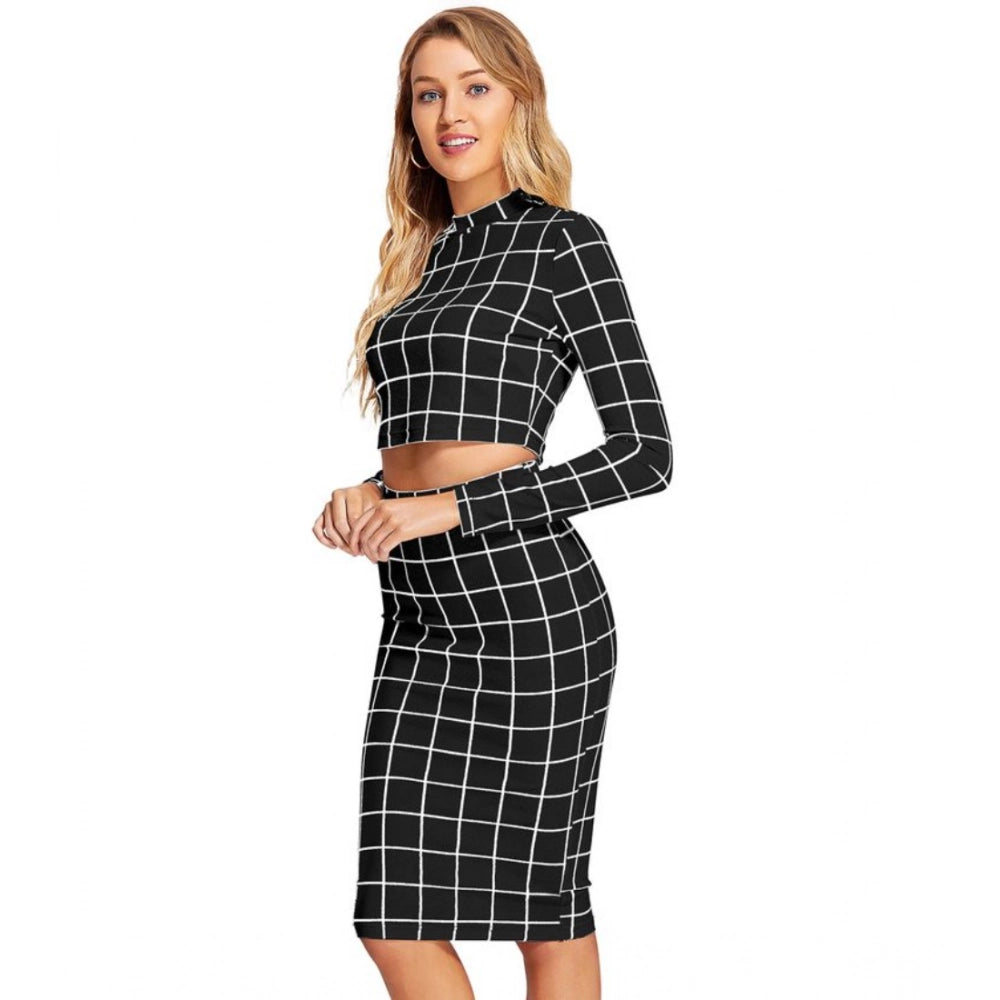 Checkered Full Sleeves Stand Collar Crop Top Skirt Set (Black)