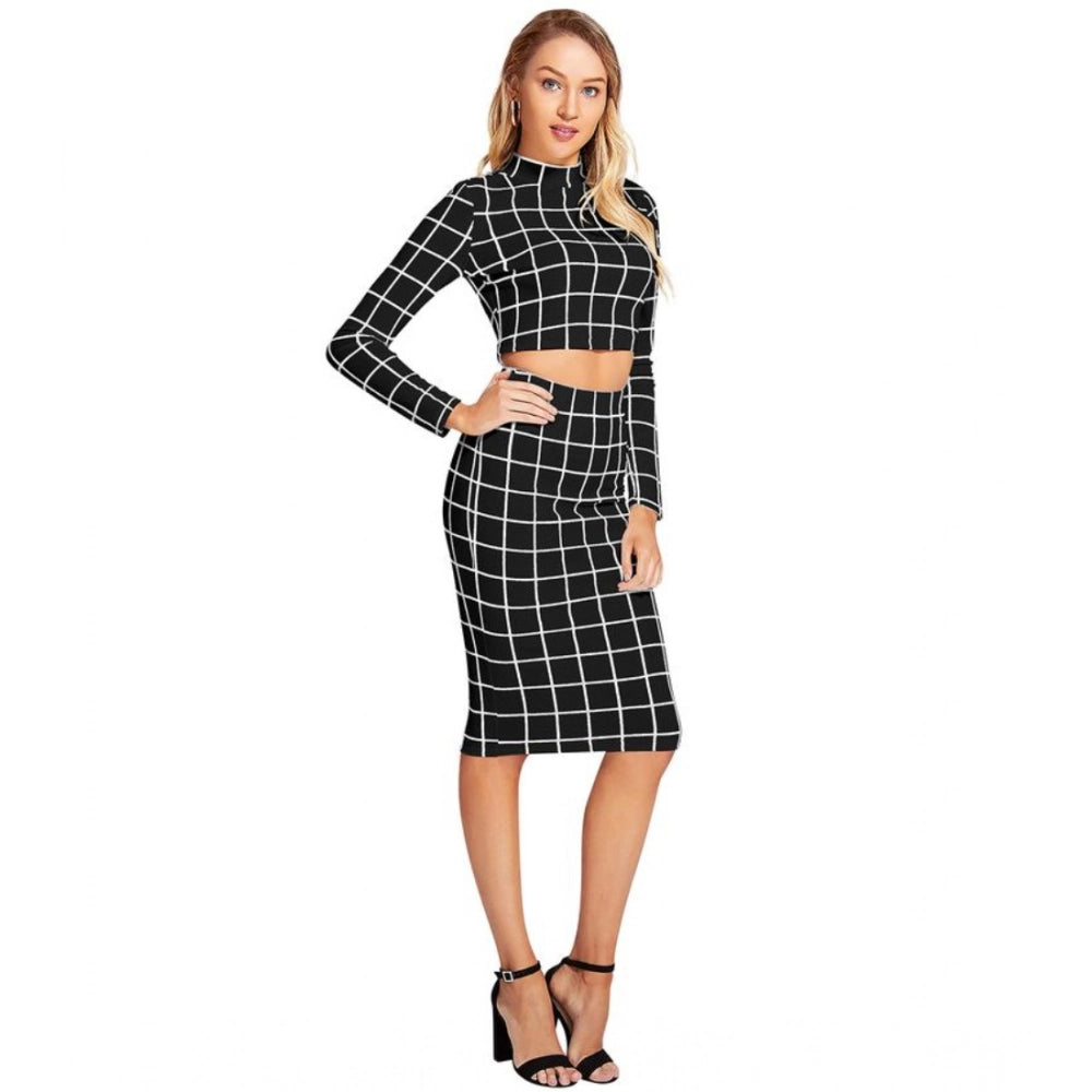 Checkered Full Sleeves Stand Collar Crop Top Skirt Set (Black)