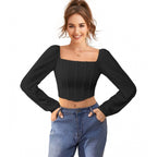 Solid Long Sleeves Square Neck Top (Black)